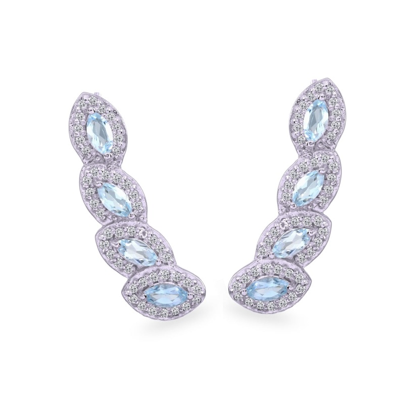Sterling Silver Blue & White Topaz Marquise Halo Climber Crawler Earrings