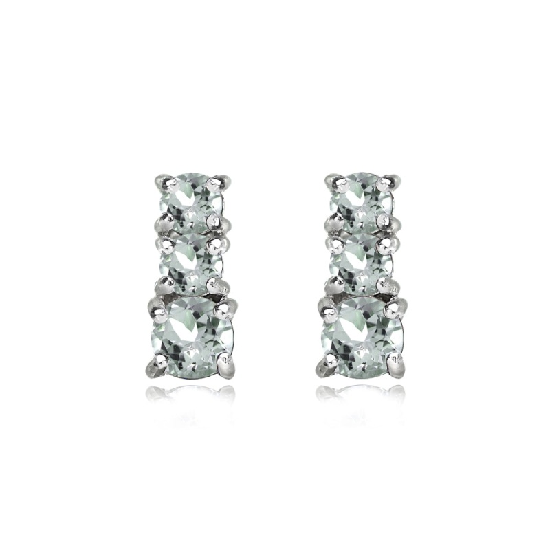 Sterling Silver Light Aquamarine Round Graduating Three Stone Stud Earrings
