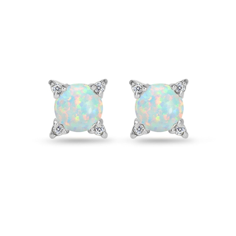 Sterling Silver Created Opal & White Topaz Studded Solitaire Stud Earrings