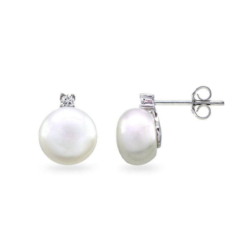 Sterling Silver Created White Pearl Drop Stud Earrings With Cz Accents