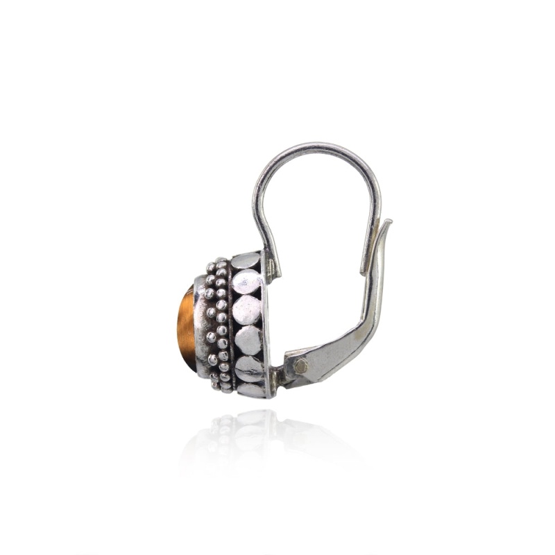 Sterling Silver Created Tiger's Eye Thick Oxidized Bali Bead Leverback Earrings