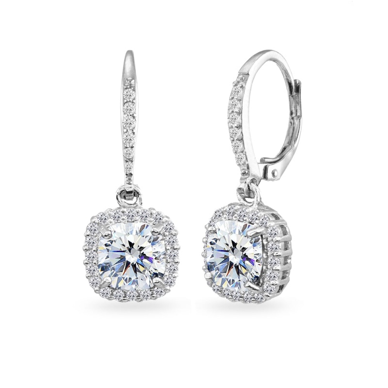 Sterling Silver Cushion-Cut Dangle Halo Leverback Earrings Made With Swarovski Zirconia