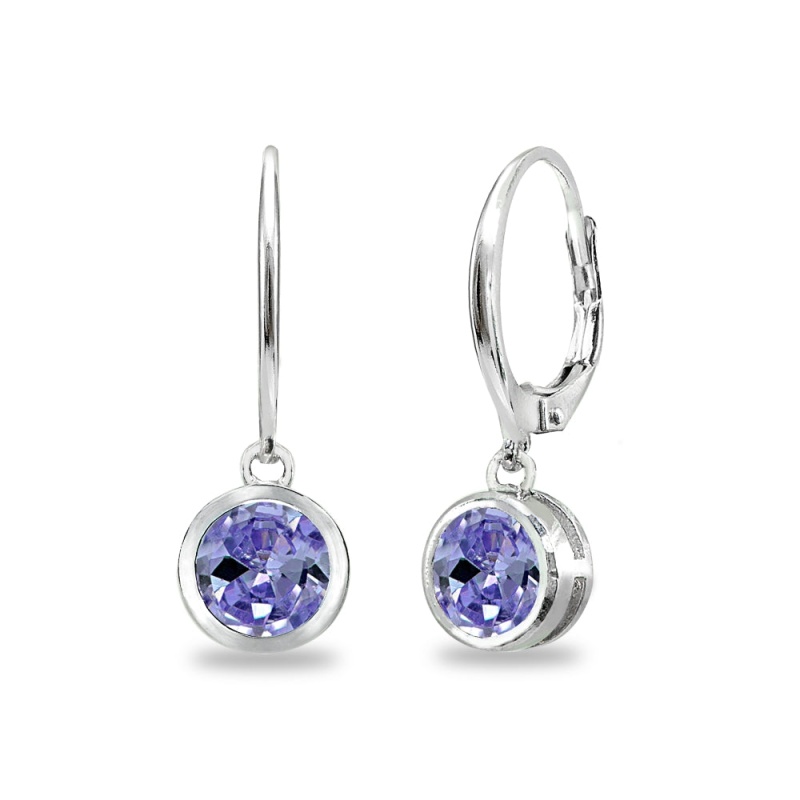 Sterling Silver Created Tanzanite 6Mm Round Bezel-Set Dangle Leverback Earrings