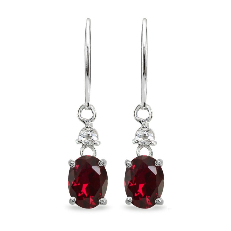 Sterling Silver Created Ruby & White Topaz 8X6mm Oval Dangle Leverback Earrings