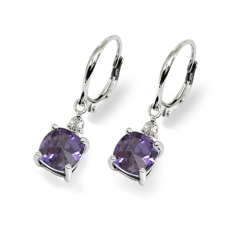 Sterling Silver Created Alexandrite & White Topaz 7Mm Cushion-Cut Dangle Leverback Earrings