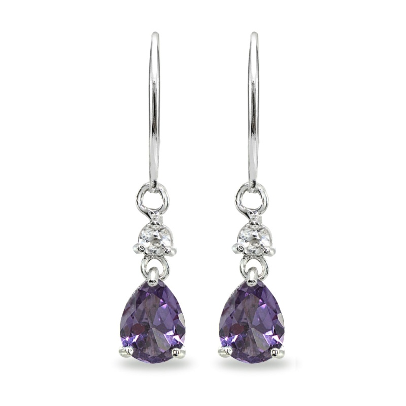 Sterling Silver Created Alexandrite & White Topaz 8X6mm Teardrop Dangle Leverback Earrings