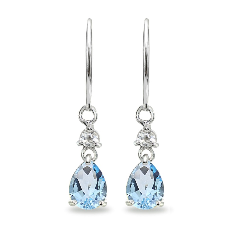 Sterling Silver Blue & White Topaz 8X6mm Teardrop Dangle Leverback Earrings