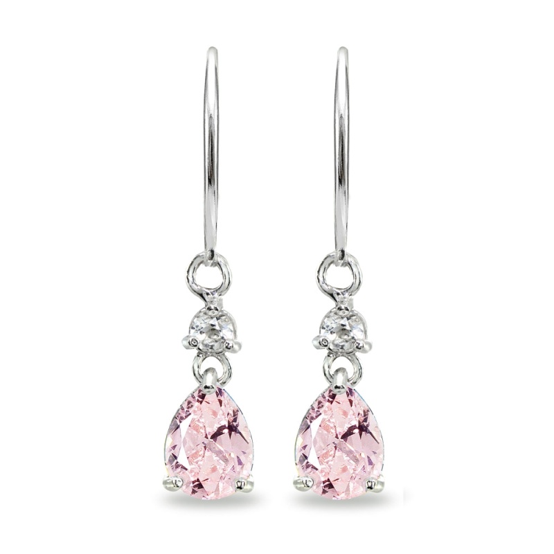 Sterling Silver Created Morganite & White Topaz 8X6mm Teardrop Dangle Leverback Earrings