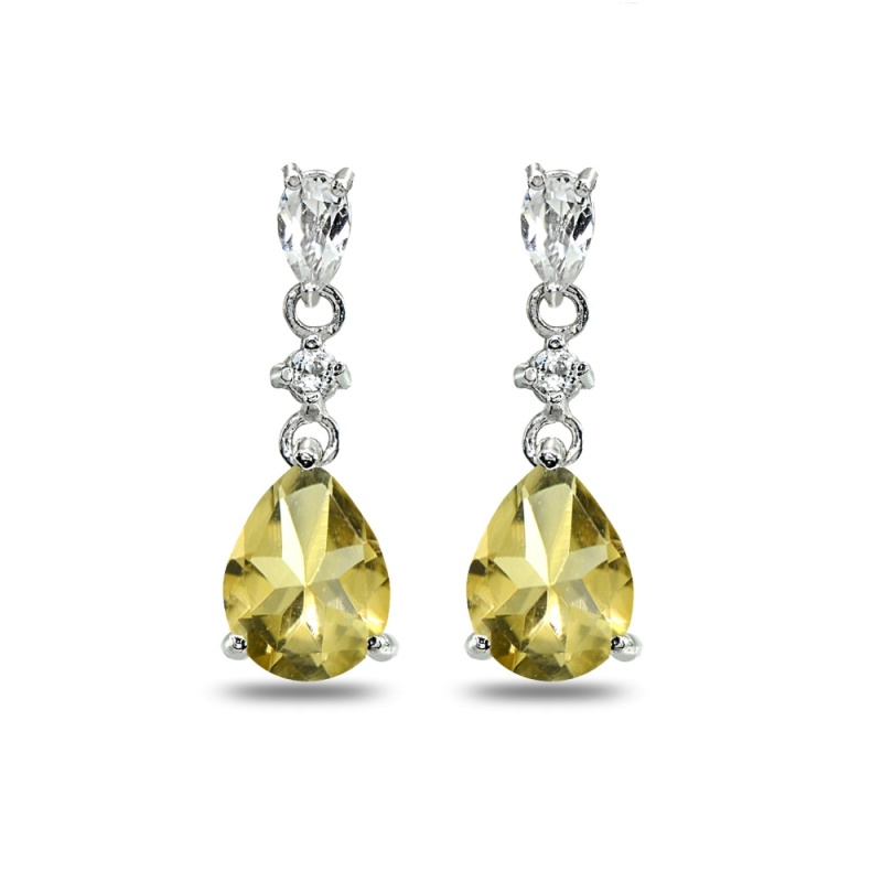 Sterling Silver Citrine & White Topaz Pear-Cut Teardrop Dangling Stud Earrings