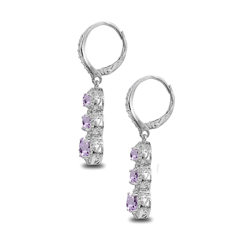 Sterling Silver Amethyst Journey Halo Three-Stone Dangle Leverback Earrings