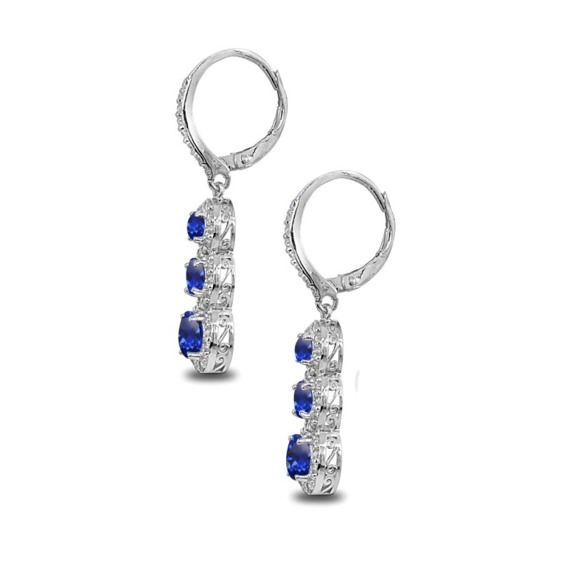 Sterling Silver Created Blue Sapphire Journey Halo Three-Stone Dangle Leverback Earrings