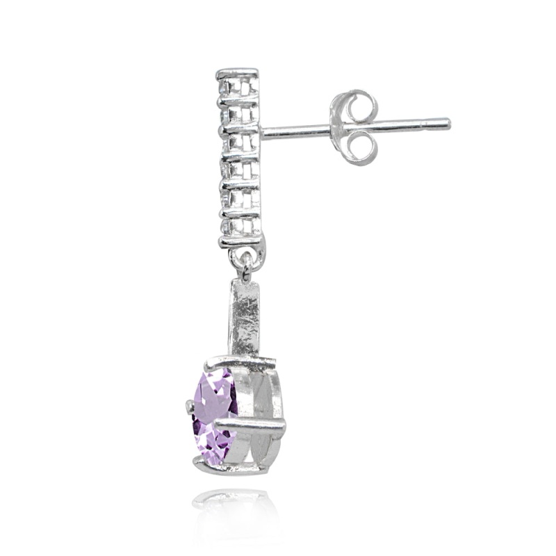 Sterling Silver Amethyst & White Topaz Round Encrusted Bar Dangle Drop Earrings