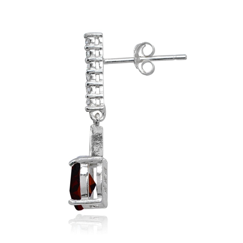 Sterling Silver Garnet & White Topaz Oval Encrusted Bar Dangle Drop Earrings