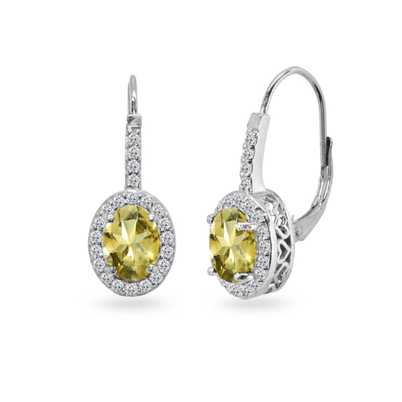 Sterling Silver Citrine & Cubic Zirconia 8X6mm Oval Halo Drop Leverback Earrings