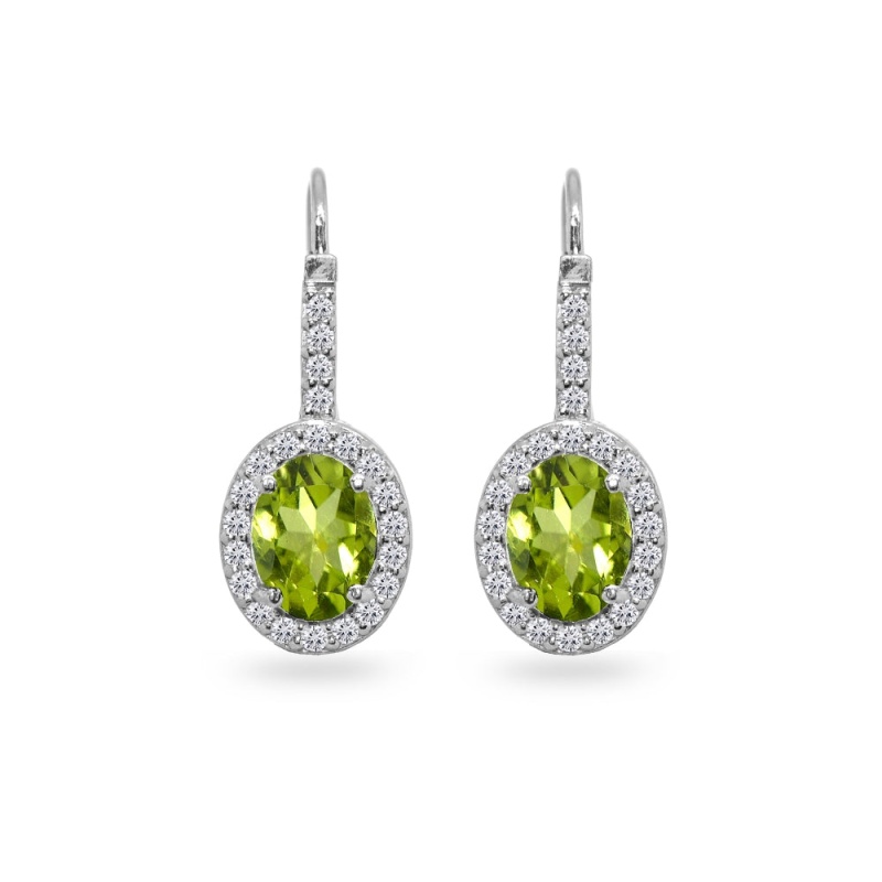Sterling Silver Peridot & Cubic Zirconia 8X6mm Oval Halo Drop Leverback Earrings
