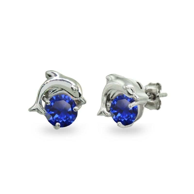 Sterling Silver Created Blue Sapphire Round 5Mm Polished Dolphin Stud Earrings