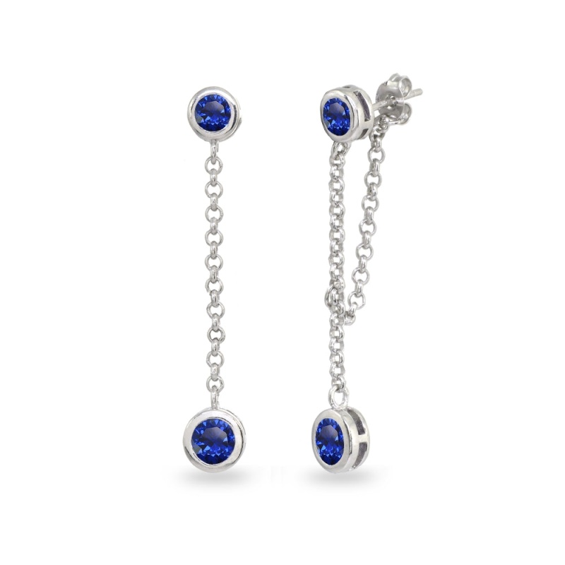 Sterling Silver Created Blue Sapphire Round Two Stone Bezel-Set Chain Drop Dangle Earrings