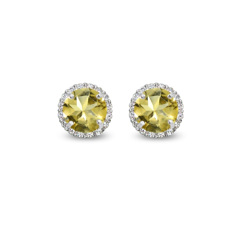 Sterling Silver Citrine & Cubic Zirconia 6Mm Round-Cut Halo Stud Earrings