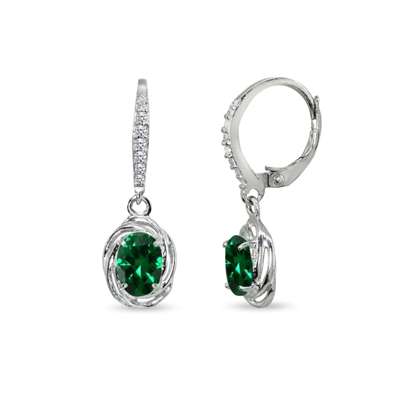 Sterling Silver Peridot & Cubic Zirconia 7X5mm Oval Love Knot Leverback Earrings