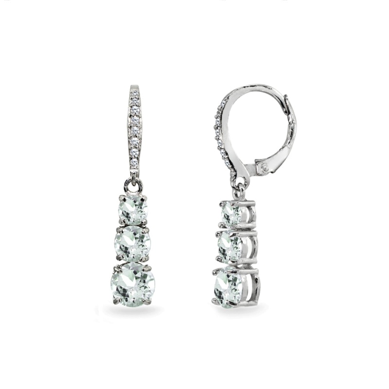 Sterling Silver Light Aquamarine And Cubic Zirconia 3-Stone Journey Dangle Leverback Earrings