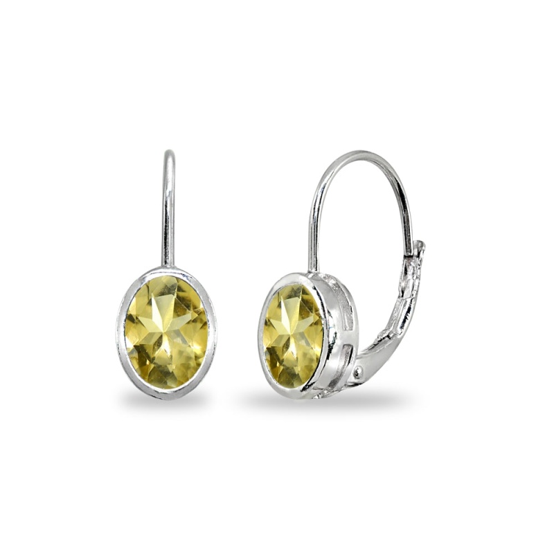 Sterling Silver Citrine 7X5mm Oval Bezel-Set Dainty Leverback Earrings