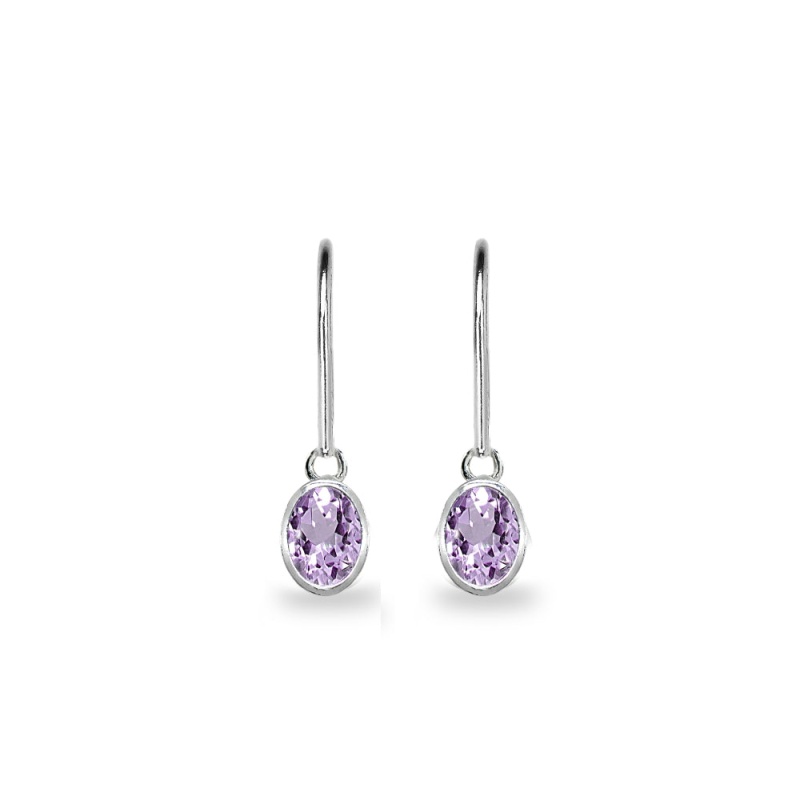Sterling Silver Amethyst 7X5mm Oval-Cut Bezel-Set Dainty Dangle Leverback Earrings