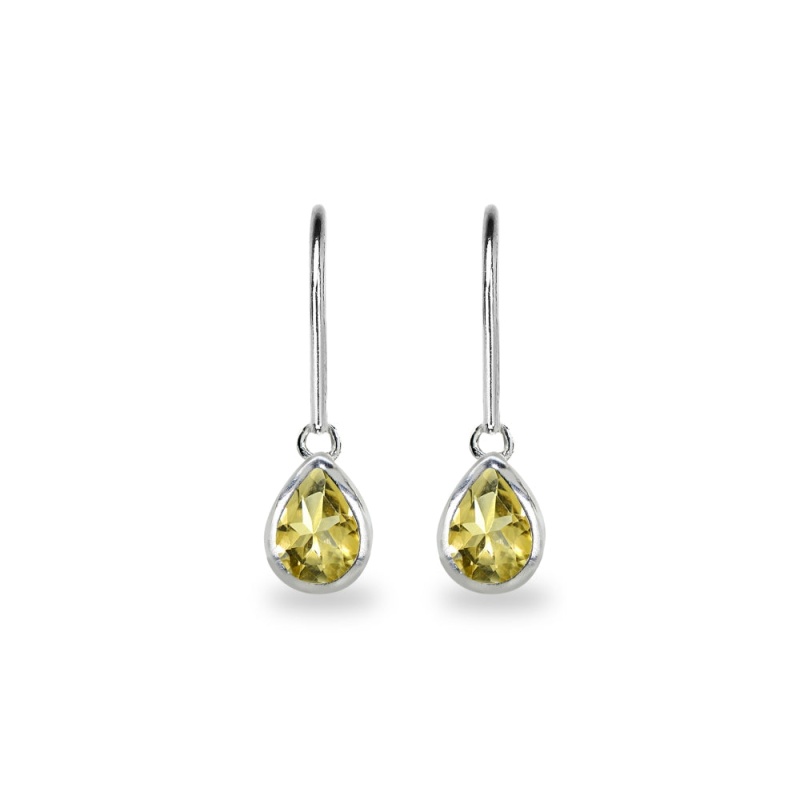 Sterling Silver Citrine 7X5mm Teardrop Bezel-Set Dainty Dangle Leverback Earrings