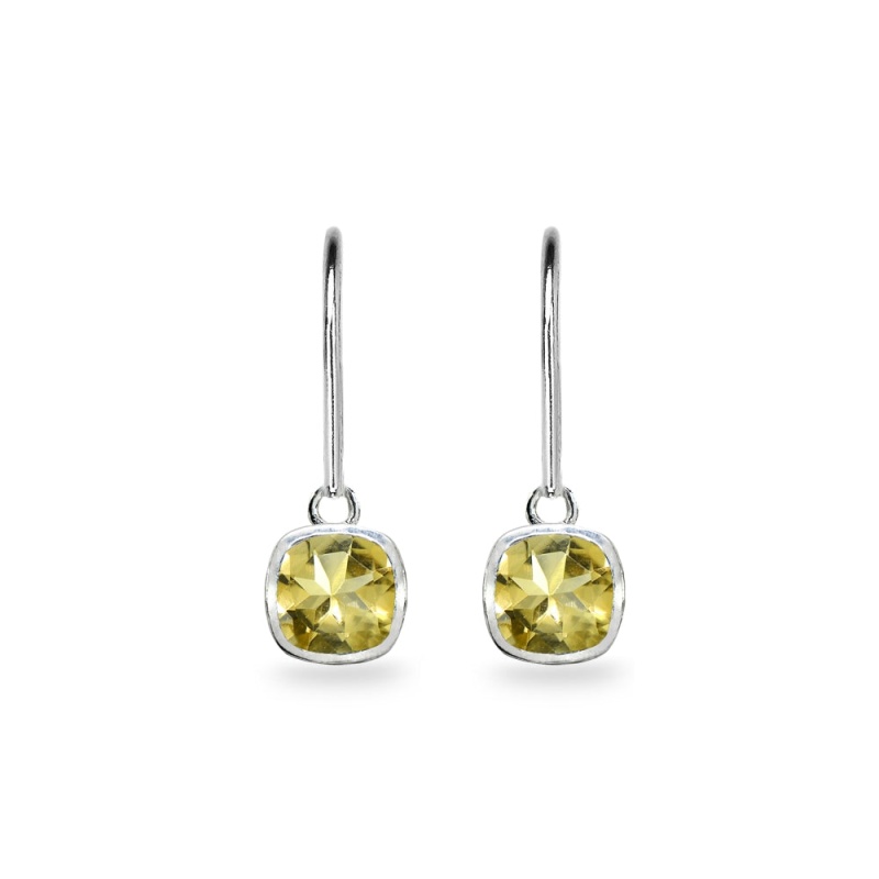Sterling Silver Citrine 6Mm Cushion-Cut Bezel-Set Dainty Dangle Leverback Earrings