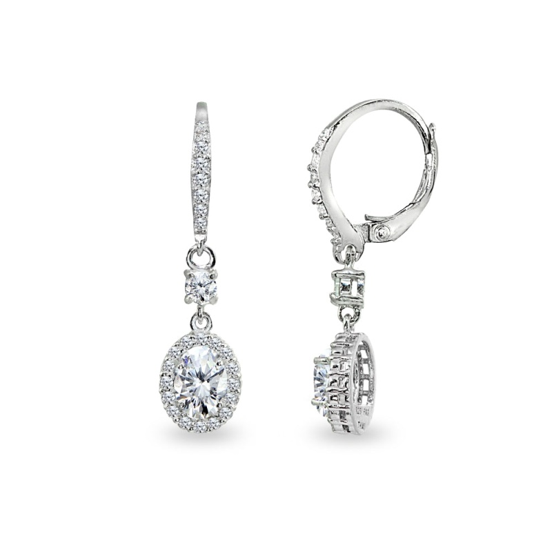 Sterling Silver Cubic Zirconia 7X5mm Oval-Cut Halo Leverback Earrings