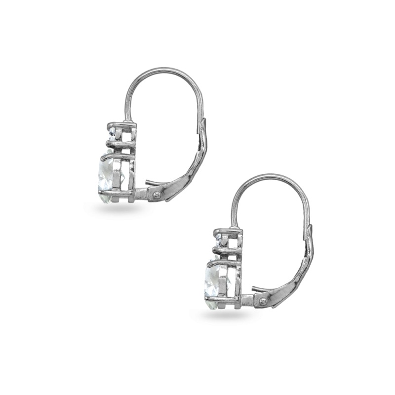 Sterling Silver Light Aquamarine 7X5mm Oval-Cut And 3Mm Round-Cut Cz Dainty Leverback Earrings
