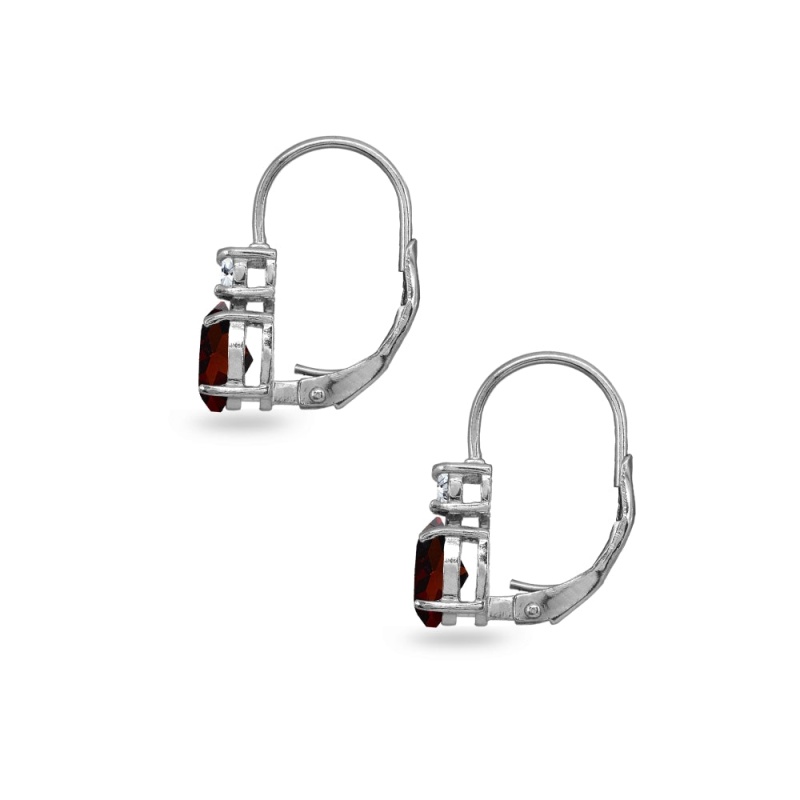 Sterling Silver Garnet 7X5mm Oval-Cut And 3Mm Round-Cut Cz Dainty Leverback Earrings