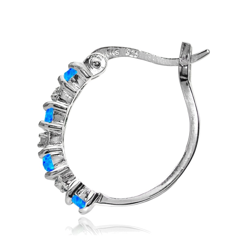 Sterling Silver Created Blue Opal And Diamond Accent Hoop Earrings