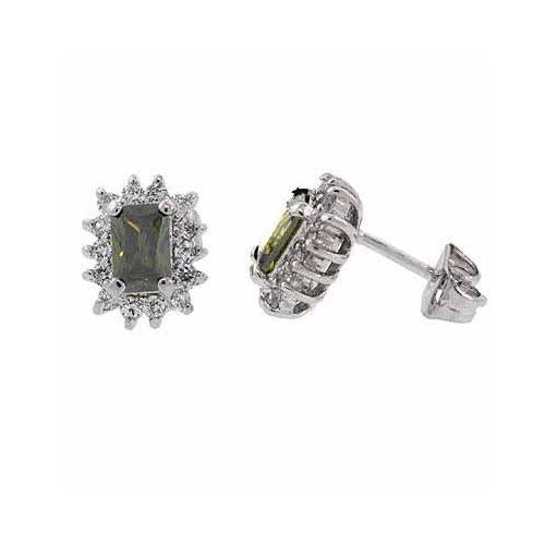 Sterling Silver Olive Green & White Cz Flower Stud Earrings