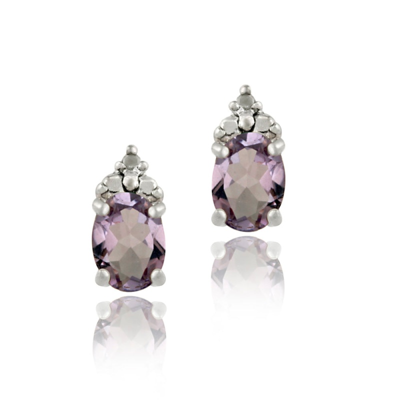 Sterling Silver 1.4Ct Amethyst & Diamond Accent Oval Drop Stud Earrings