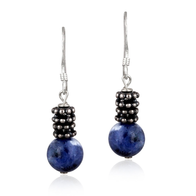 Sterling Silver 8Mm Sodalite Bali Bead Dangle Earrings