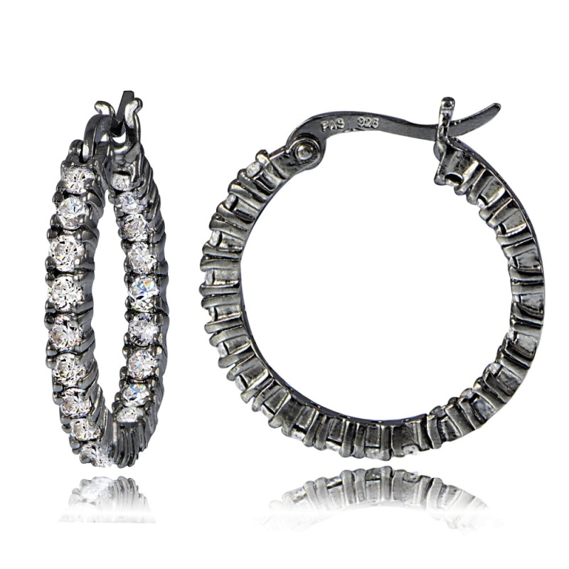 Black Tone Over Sterling Silver Cubic Zirconia 3Mm Round Hoop Earrings, 20Mm