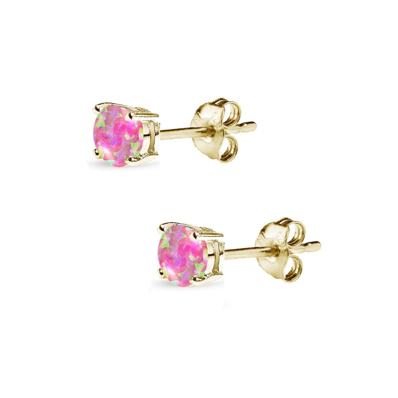 Yellow Gold Flashed Sterling Silver Created Pink Opal 4Mm Round-Cut Solitaire Stud Earrings