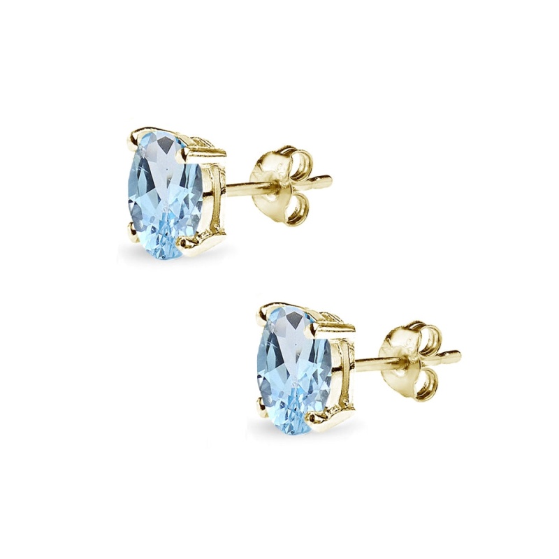 Yellow Gold Flashed Sterling Silver Blue Topaz 6X4mm Oval-Cut Solitaire Stud Earrings