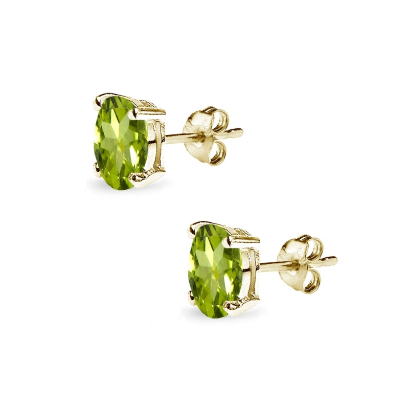 Yellow Gold Flashed Sterling Silver Peridot 6X4mm Oval-Cut Solitaire Stud Earrings