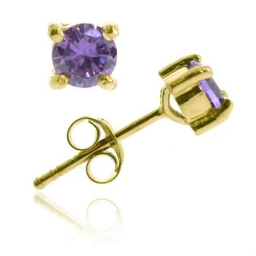 18K Gold Over Sterling Silver Amethyst Cz Round Stud Earrings, 6Mm