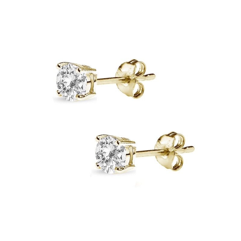 Yellow Gold Flashed Sterling Silver White Topaz 4Mm Round-Cut Solitaire Stud Earrings