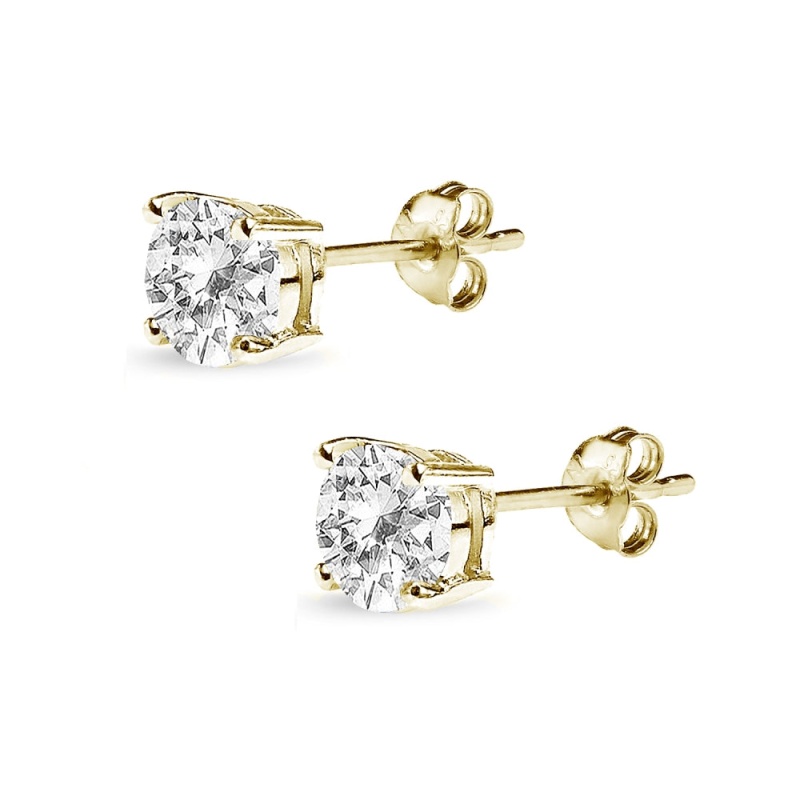 Yellow Gold Flashed Sterling Silver White Topaz 6Mm Round-Cut Solitaire Stud Earrings