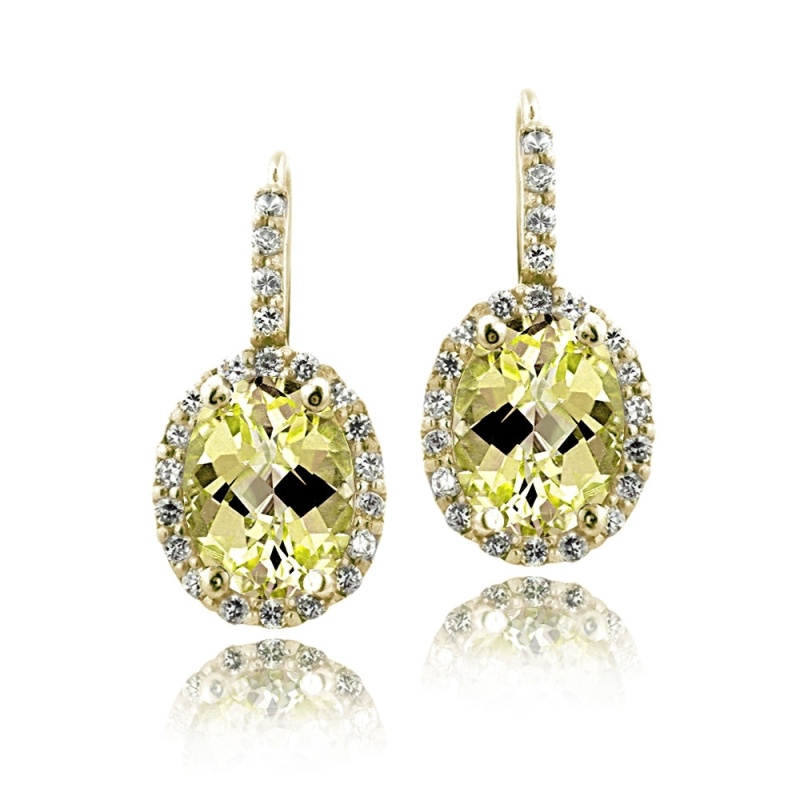 Gold Tone Over Sterling Silver 3.3Ct Citrine& Cz Oval Halo Leverback Earrings
