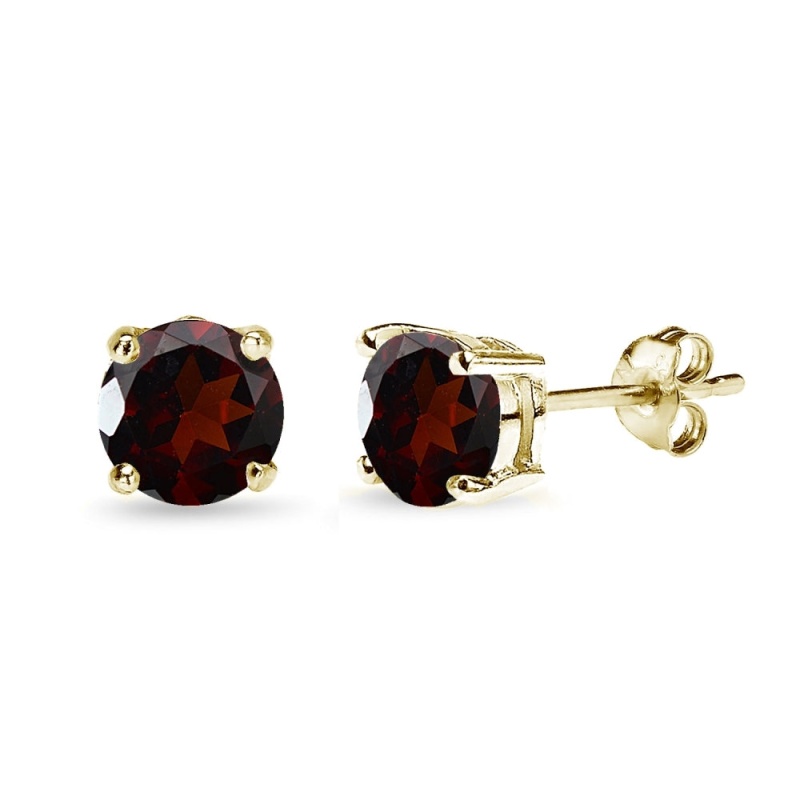 Yellow Gold Flashed Sterling Silver Garnet 7Mm Round-Cut Solitaire Stud Earrings