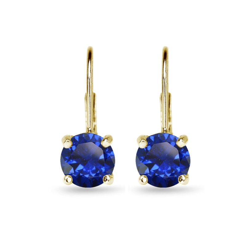 Yellow Gold Flashed Sterling Silver Polished Created Blue Sapphire 7Mm Round Dainty Leverback Earrings