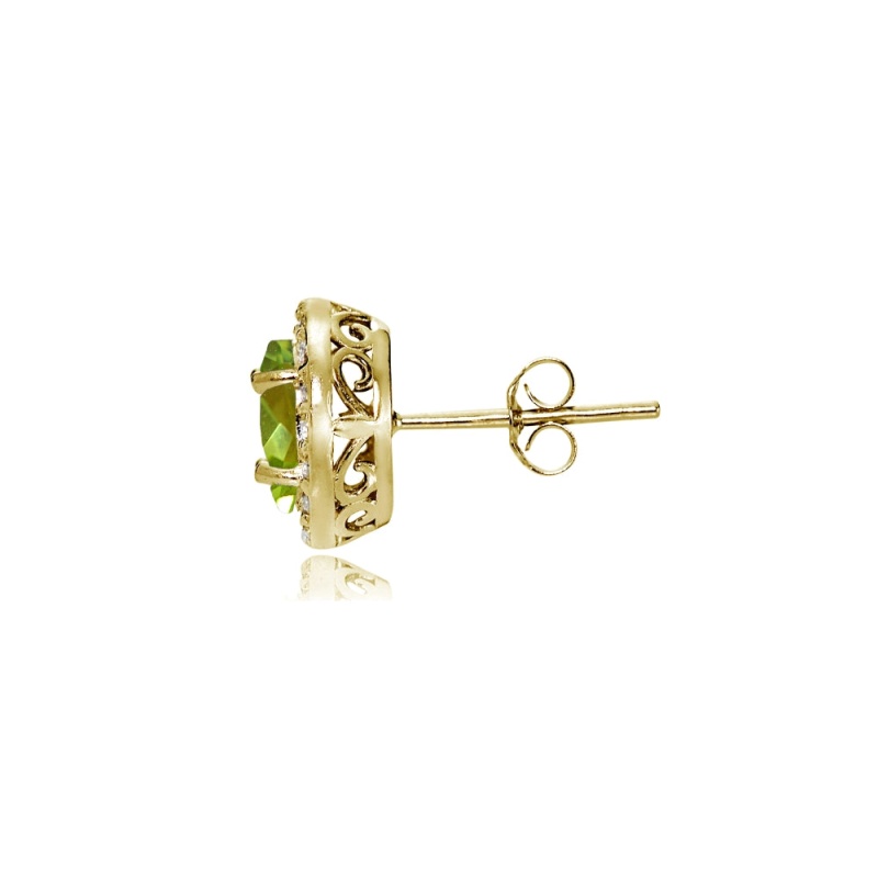 Yellow Gold Flashed Sterling Silver Peridot And Cubic Zirconia Accents Oval Halo Stud Earrings