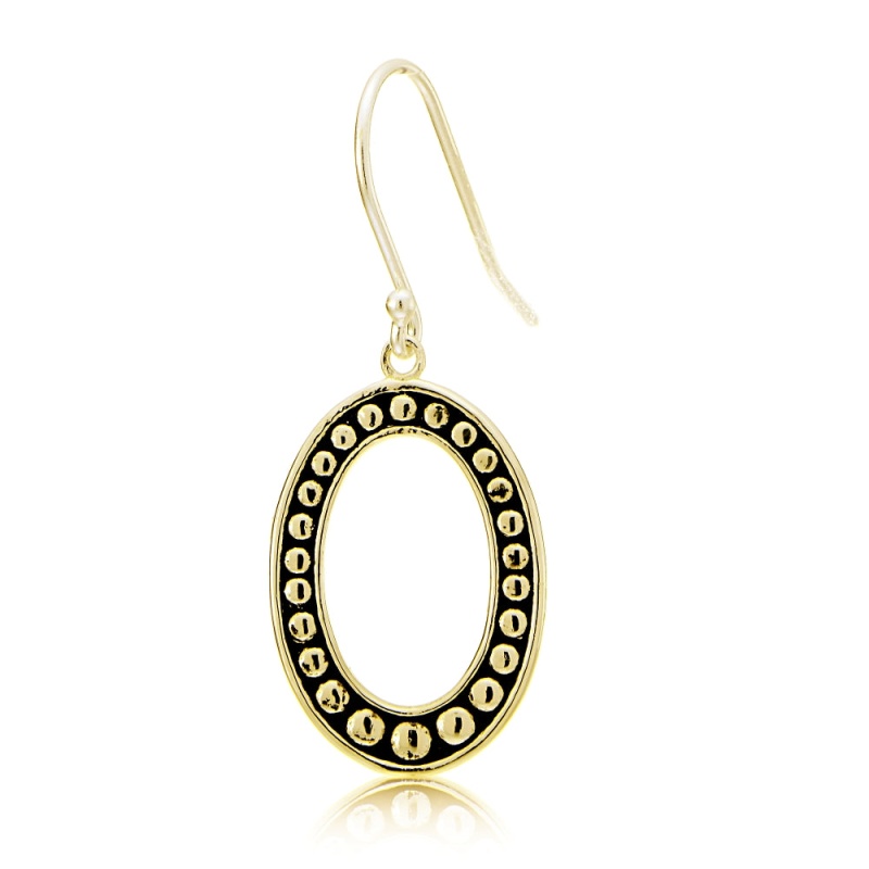Gold Tone Over Sterling Silver Oxidized Pressed Beads Oval Dangle Earrings