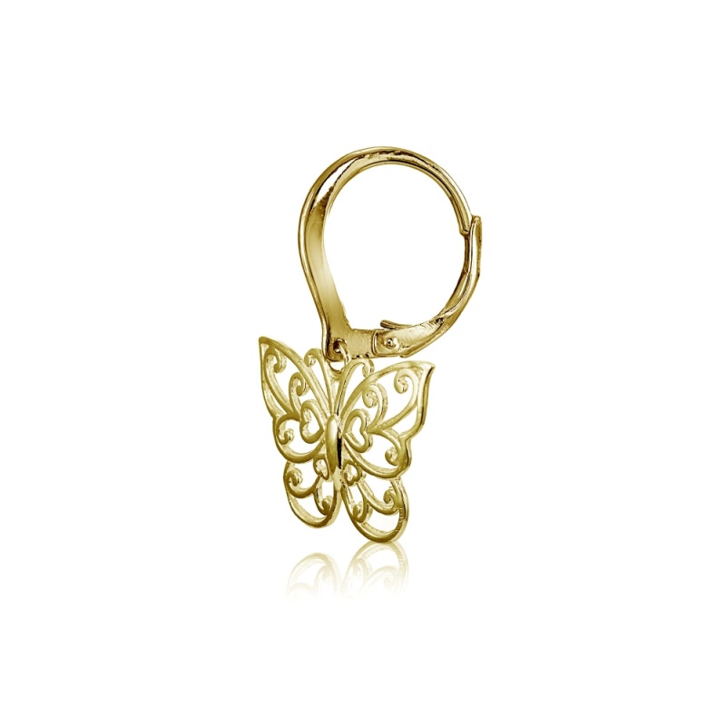 Yellow Gold Flashed Sterling Silver High Polished Filigree Butterfly Leverback Earrings