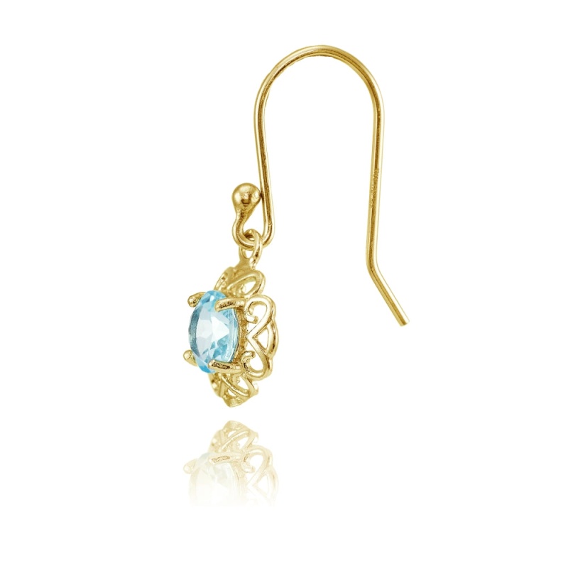 Yellow Gold Over Sterling Silver Blue Topaz Round Filigree Dangle Earrings