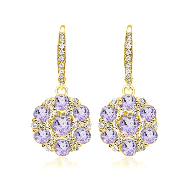 Yellow Gold Flashed Sterling Silver Amethyst And White Topaz Flower Dangle Leverback Earrings